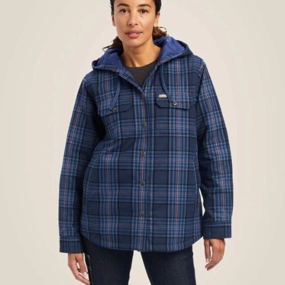 Ariat Rebar Hooded Flannelā Jacket Womens Medium Insulated Shacket Blue Plaid